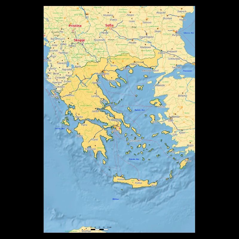 Greece map with cities, roads, rivers, lake