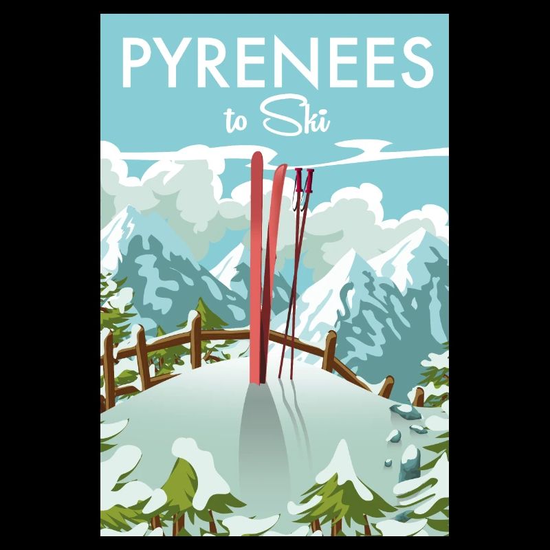 Pyrenäen zum Skifahren schöne Retro- oder Vintage-Karikatur