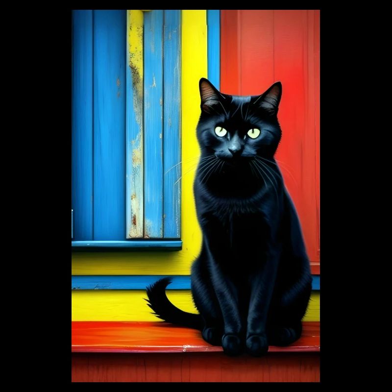 Chat noir devant la fenêtre