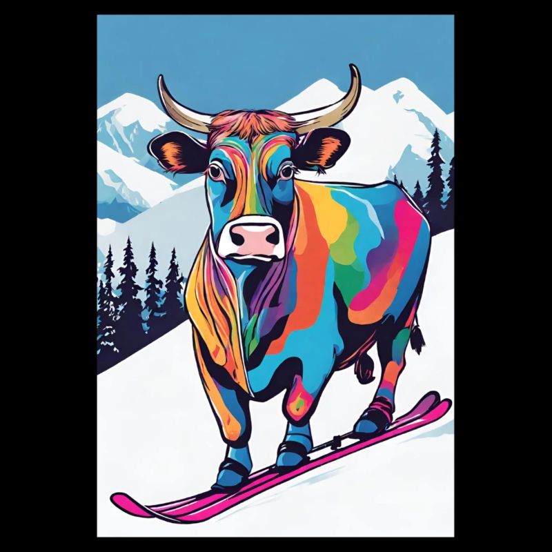 Vache colorée sur les skis