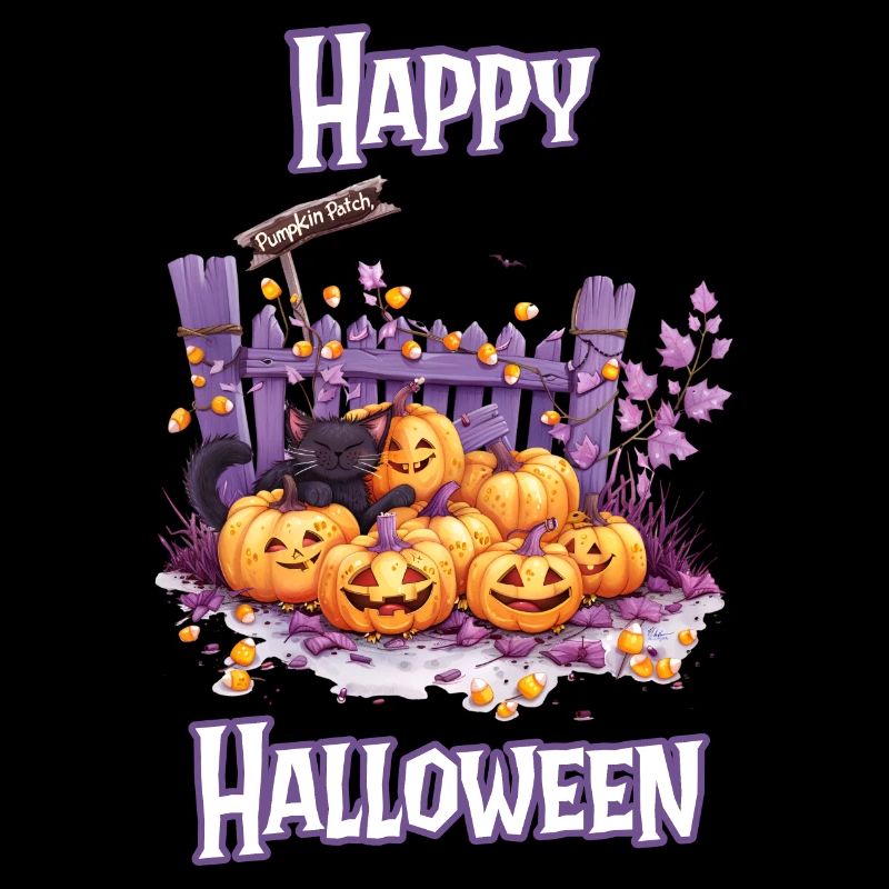 Halloween - Happy Halloween Pumpkin Patch with Cat