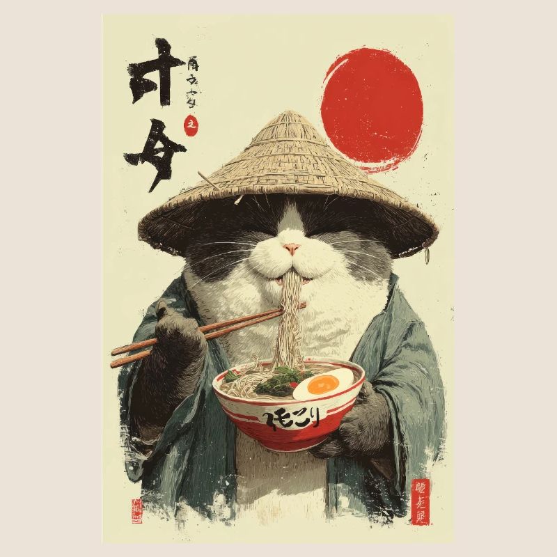 Chat samouraï mangeant des ramen