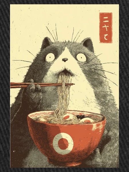 Chat choqué mangeant des ramen