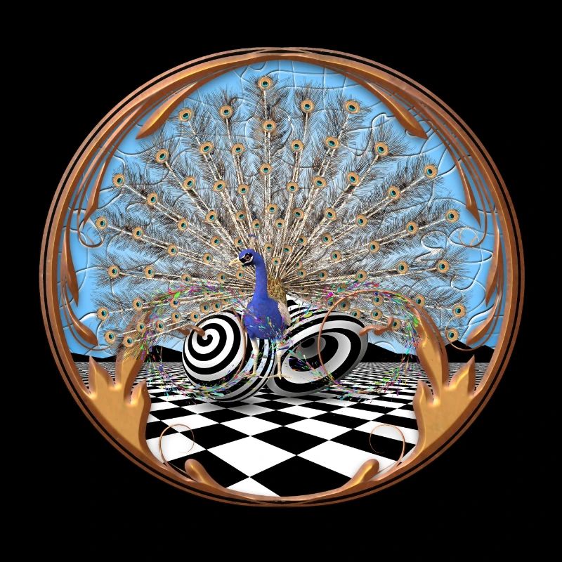 Peacock against an abstract background with infinity