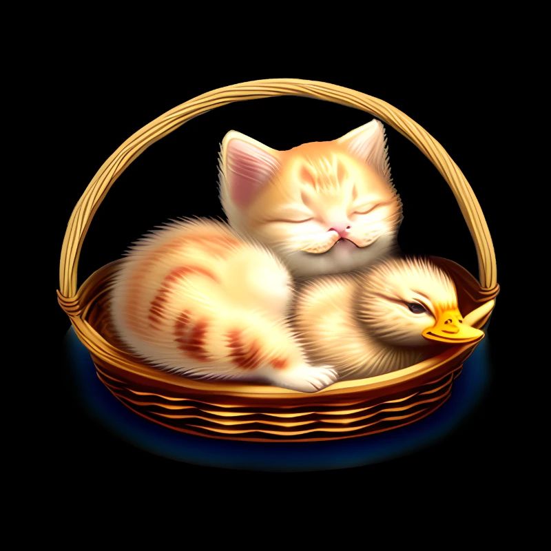 Le chat dort avec des poussins dans le panier