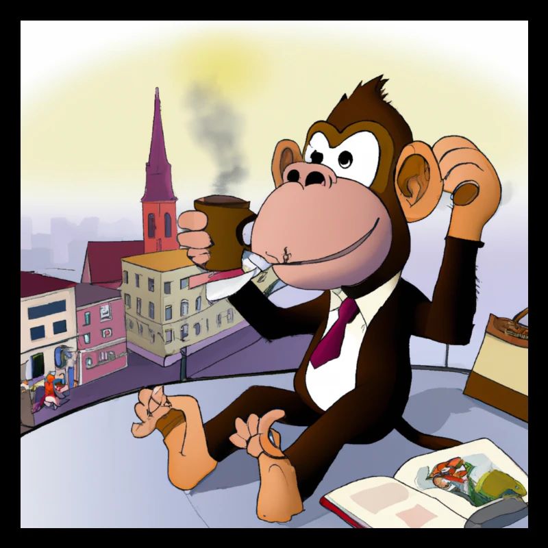 Cool monkey drinks a latte macchiato in the café