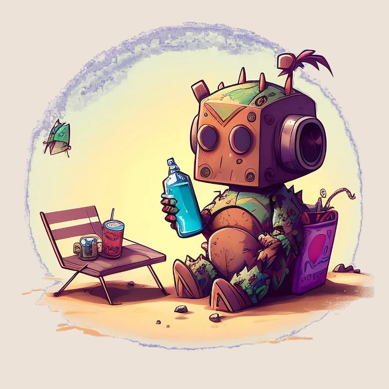 Petit robot mignon avec une bouteille d’eau et des collations