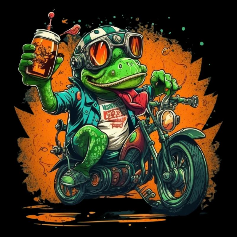 Frosch mit Bier auf Motorrad