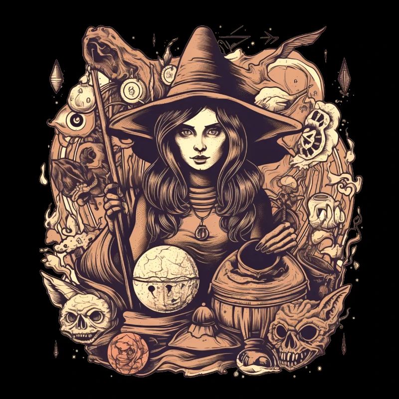 Gloomy beautiful witch with hat and skull