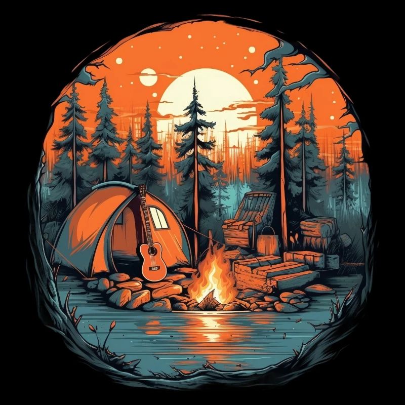Campinglager mit Zelt und Feuer