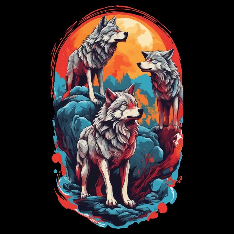 Funny Wolf Gang Colorful Moon Howling