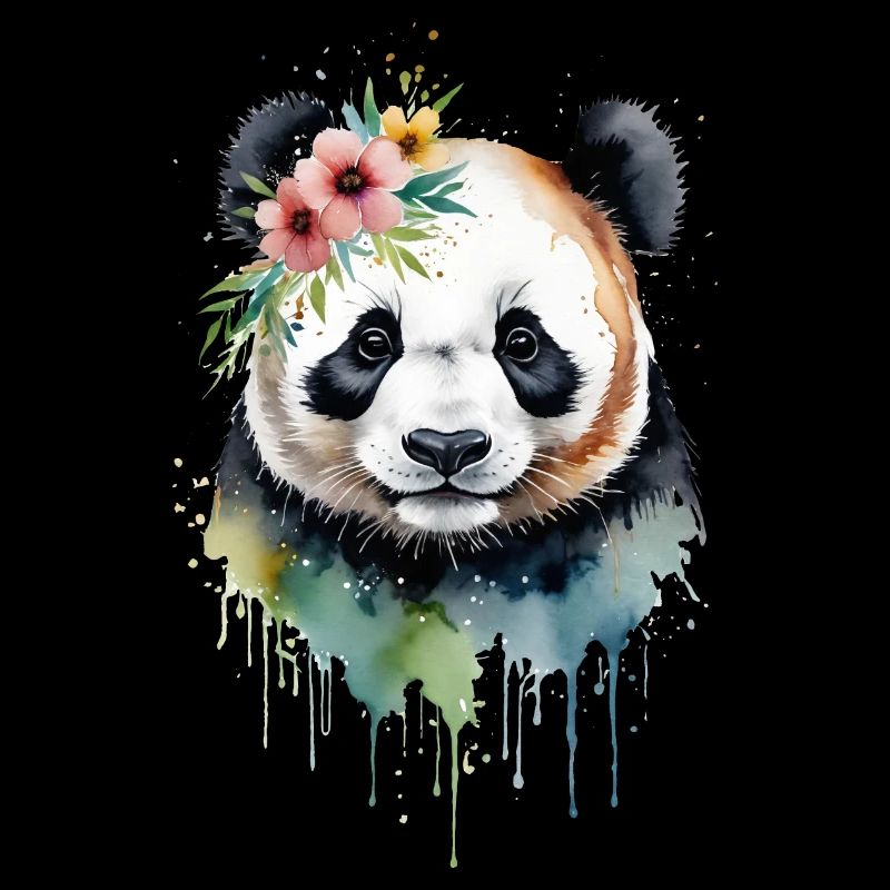 Aquarelle Panda Entouré De Fleurs