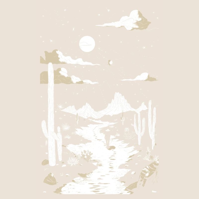 Path through the desert with footprints and cactus
