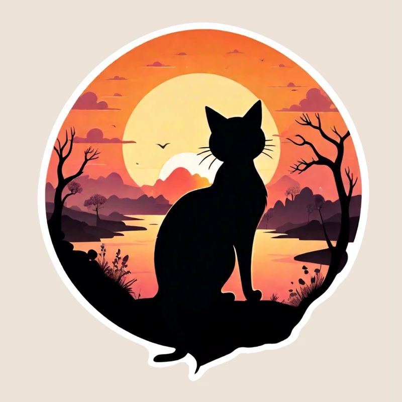chat paysage et coucher de soleil