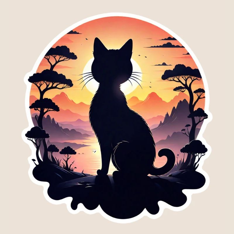 chat paysage et coucher de soleil