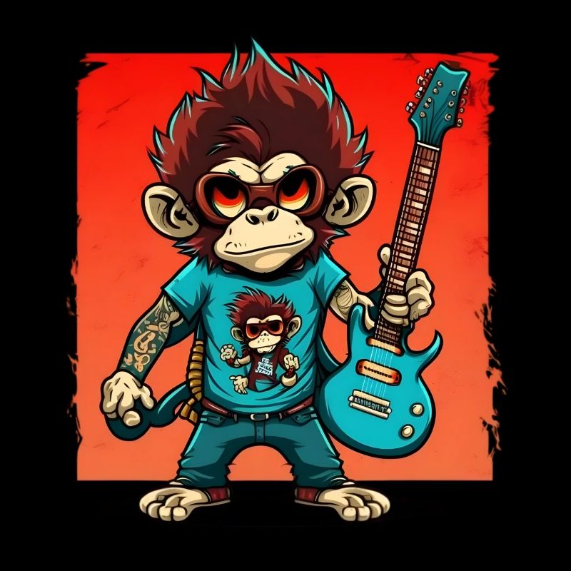 Affe Schimpanse spielt Acousitc Rock Gitarre