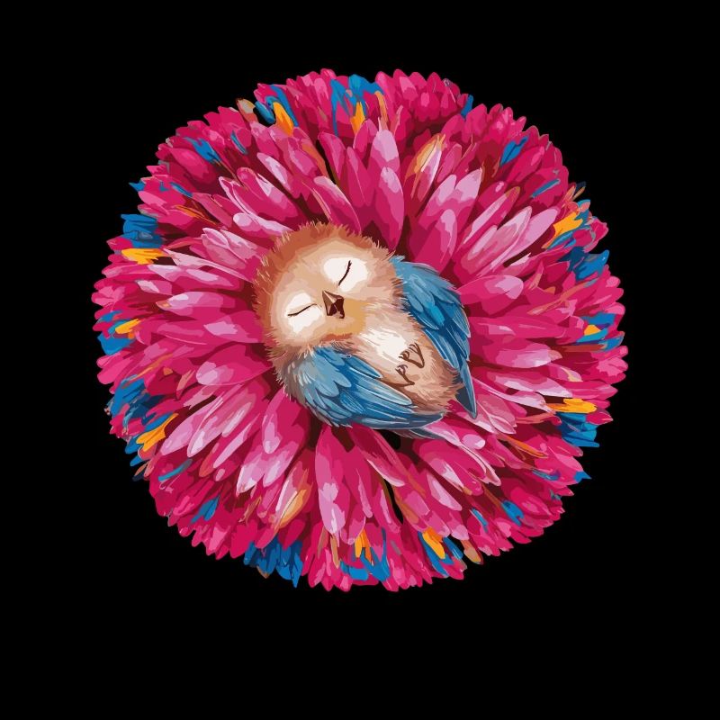 Niedlicher schlafender Vogel umgeben bunter Blume