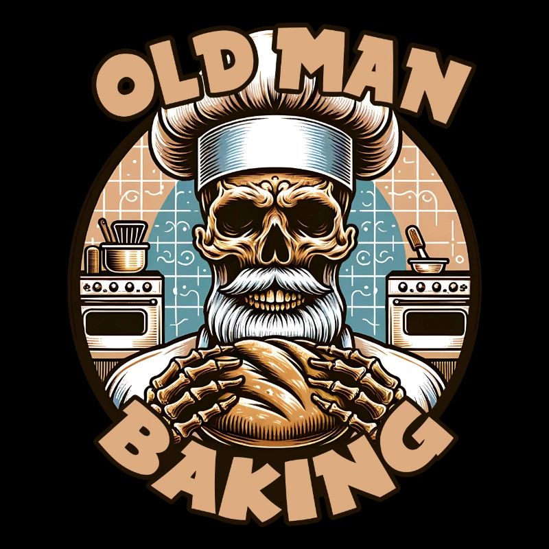 Old Man Baking Skull with Baker's Hat with Bread