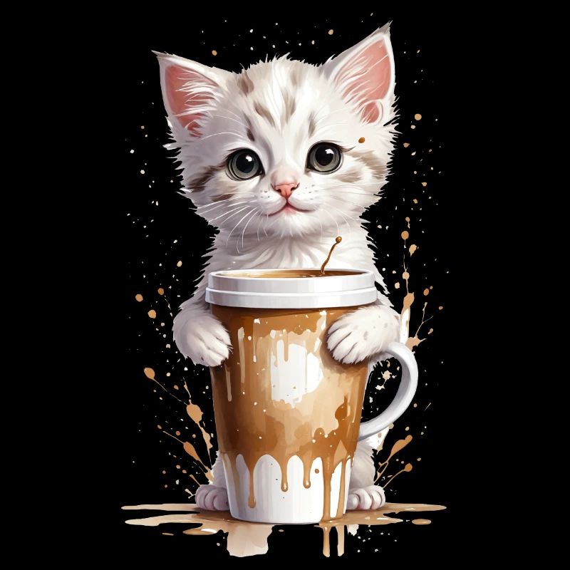 Kuscheliges Kätzchen und Kaffeetasse - Aquarell