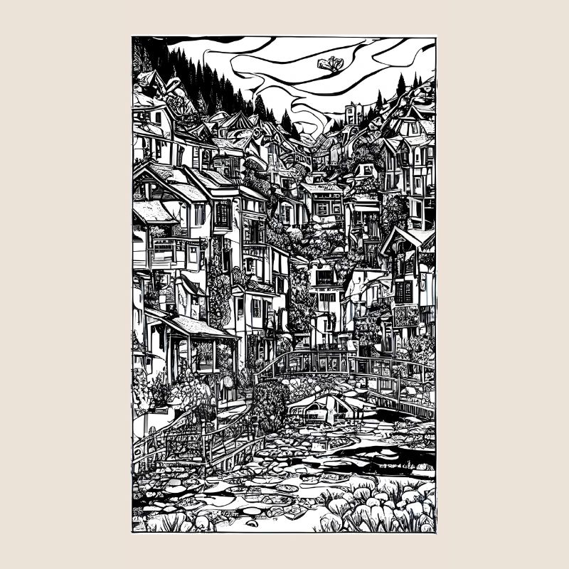 Scène complexe de village à l’encre