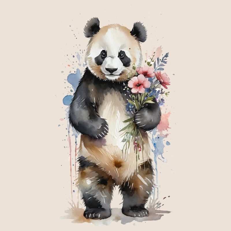 Gentil géant avec des fleurs - Aquarelle Panda