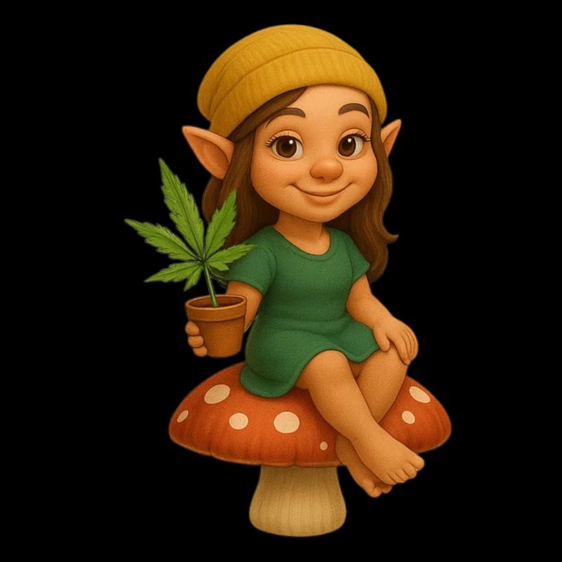 Zwergin auf Pilz mit Cannabispflanze