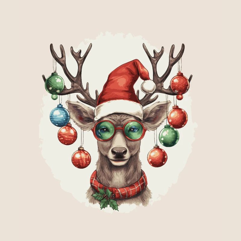 Renne avec boules de Noël et chapeau