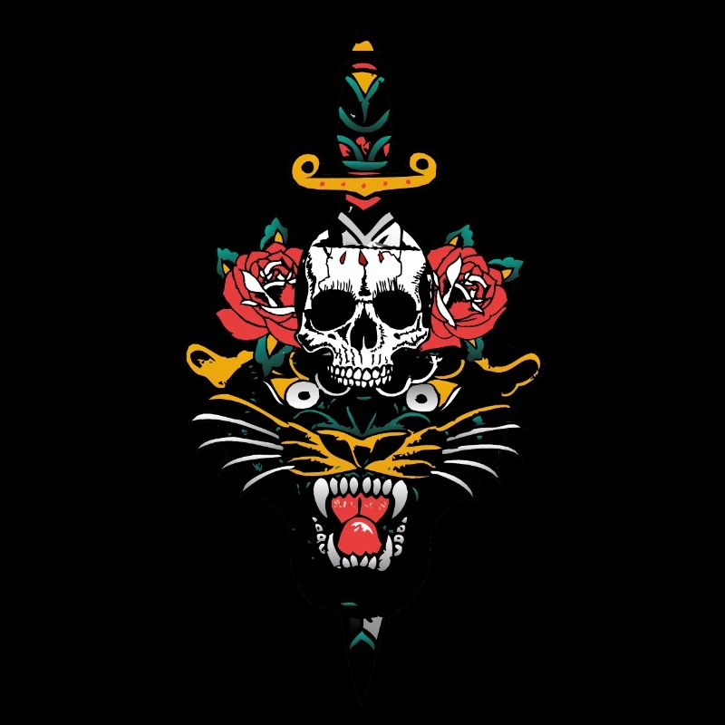 Panthere Kopf des Todes Schädel Dolch Blume rosa ergreifend