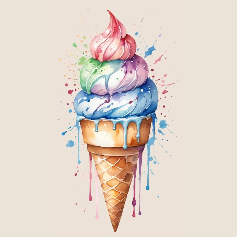 Rainbow Delight : Cornet de crème glacée à l’aquarelle