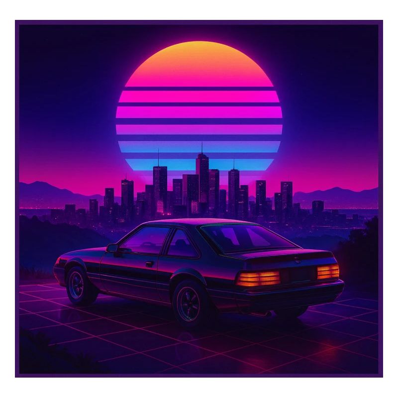 Neon Outrun Sunset Car – Synthwave rétro