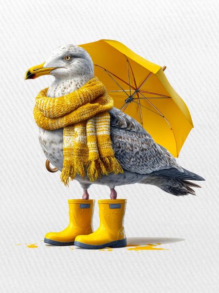 Mouette avec parapluie jaune et bottes