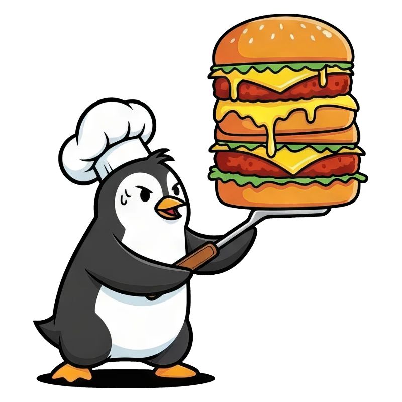 Cute penguin sweating with hamburger BBQ grilling