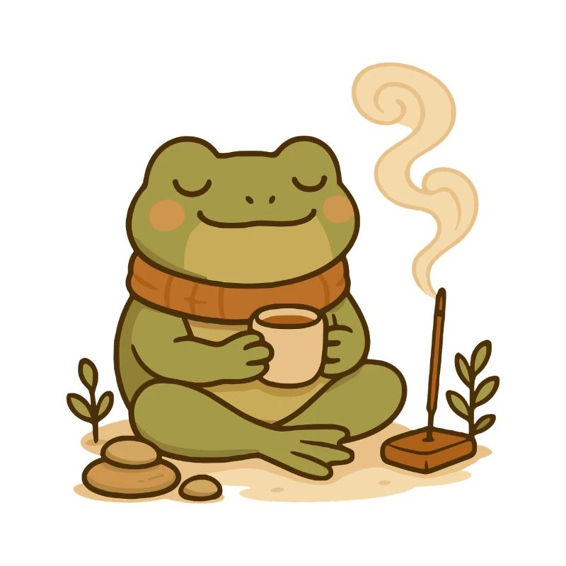Grenouille consciente avec thé et bâtonnets d’encens