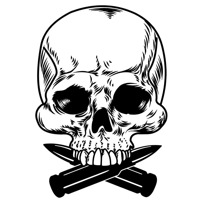 Skull with two bullets crossed under the teeth