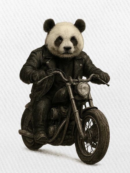 Leder-Panda-Biker auf Motorrad