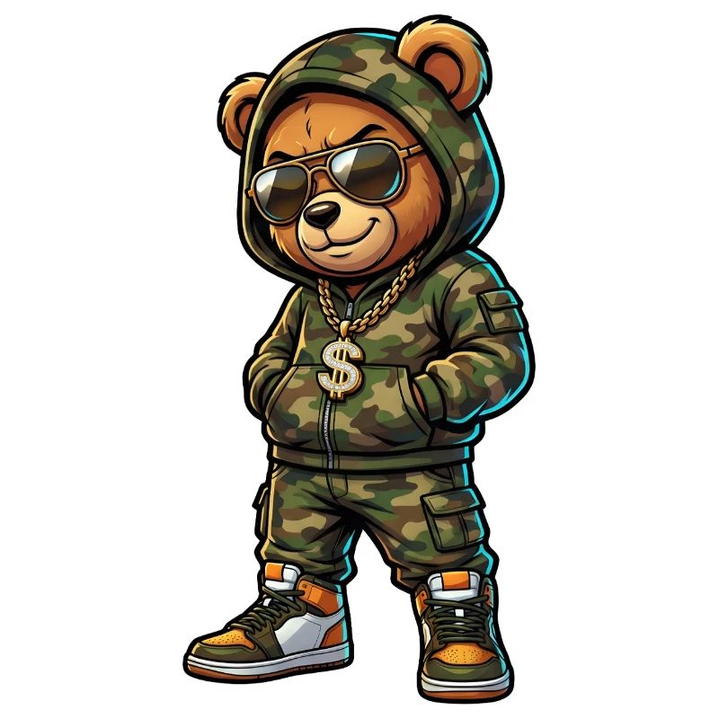 Ours camouflage avec sweat à capuche et pendentif en forme d’un dollar