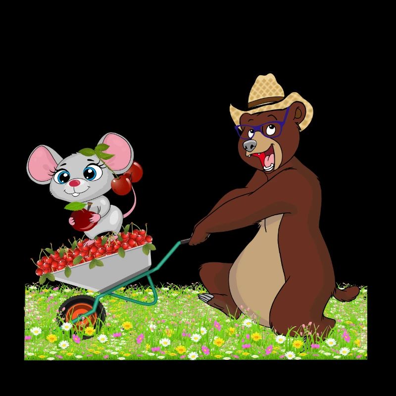 Funny bear with mouse on a wheelbarrow