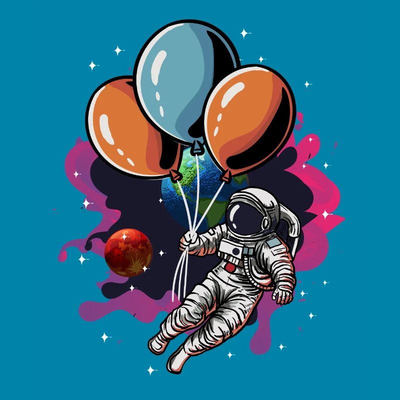 Astronaute avec essaim de ballons dans l’espace