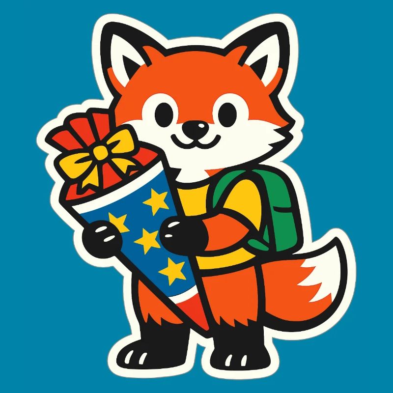 Fox with gift and backpack school enrollment