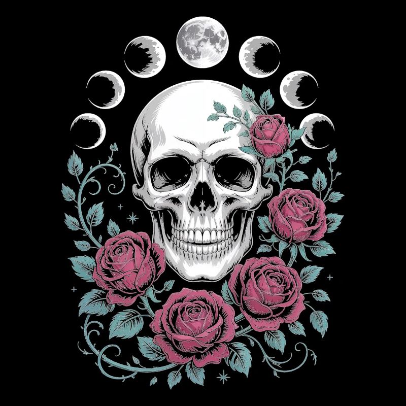 Crâne gothique avec phases de lune et motifs de roses