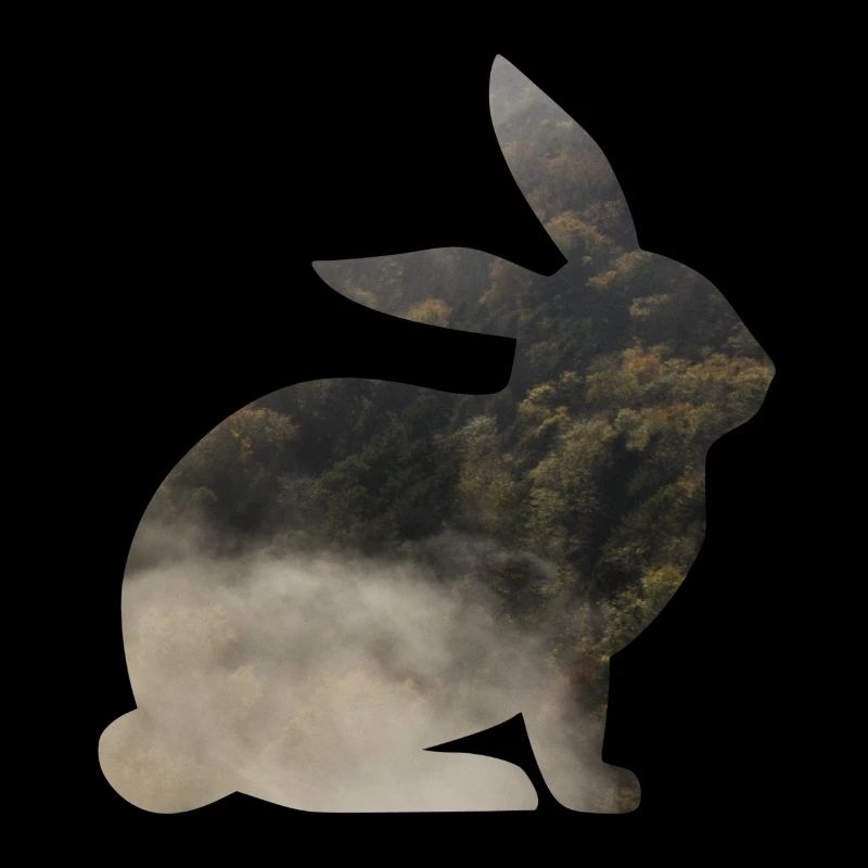 Hase in Silhouette mit Wald und Nebel