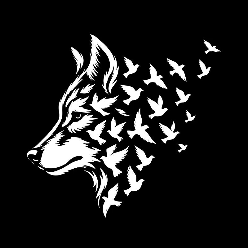 Stylized wolf with flying birds