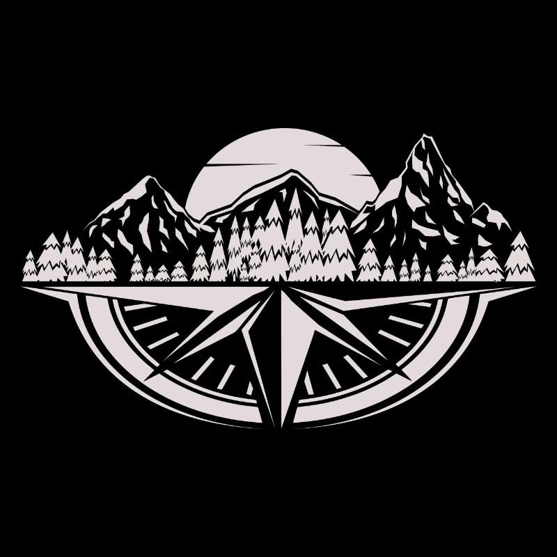 Mountains, forest & compass at sunset