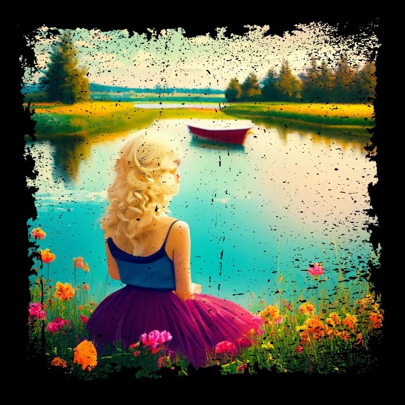 Frau sitzt am See - Vintage Look