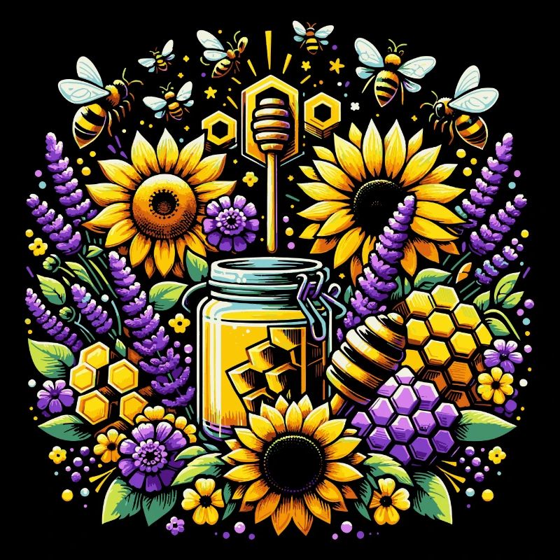 Lebhaftes, farbenfrohes Kunstwerk mit Bienen Honig