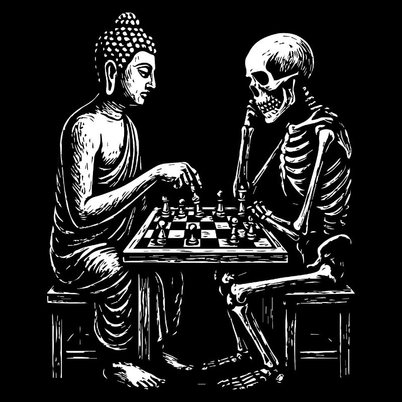 Conception de la rencontre entre Bouddha et squelette aux échecs