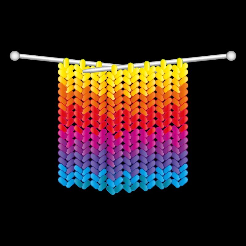 Strickmaschen in Regenbogenfarben auf Nadeln
