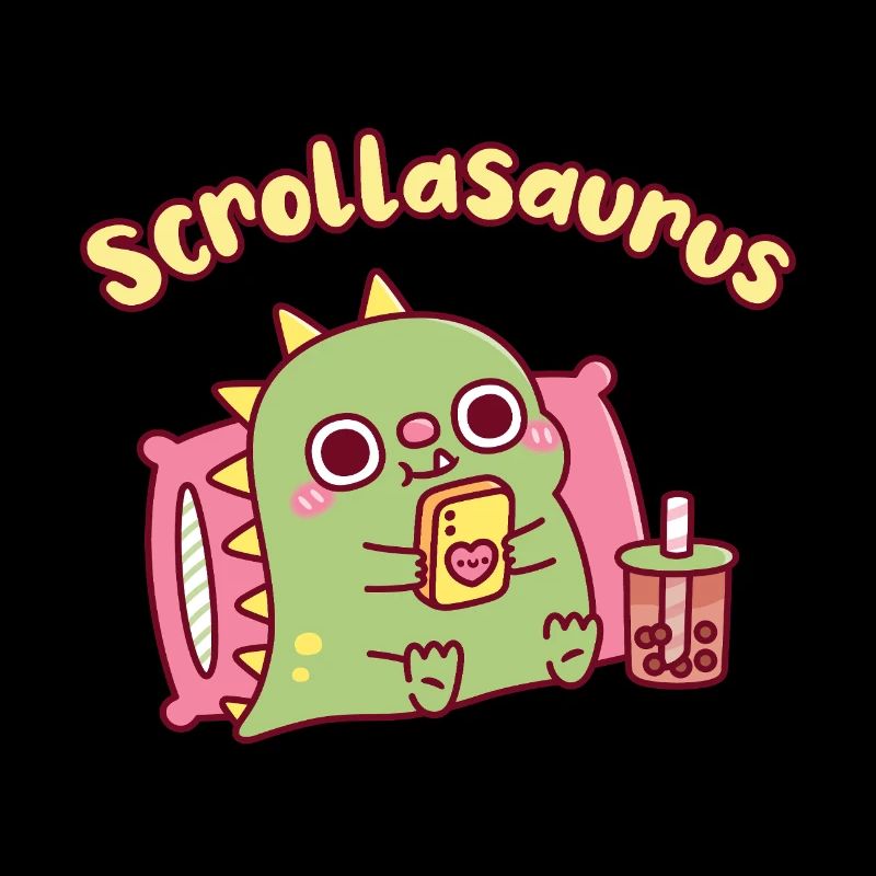 Niedlicher Scrollasaurus-Dinosaurier scrollt auf dem Handy