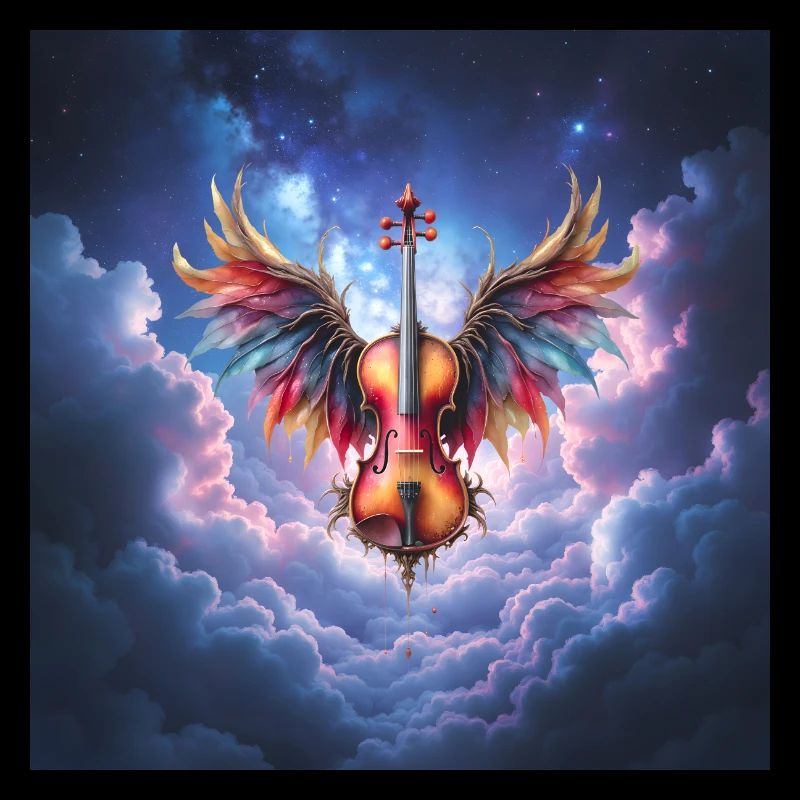 Winged Violin in Rainbow Clouds