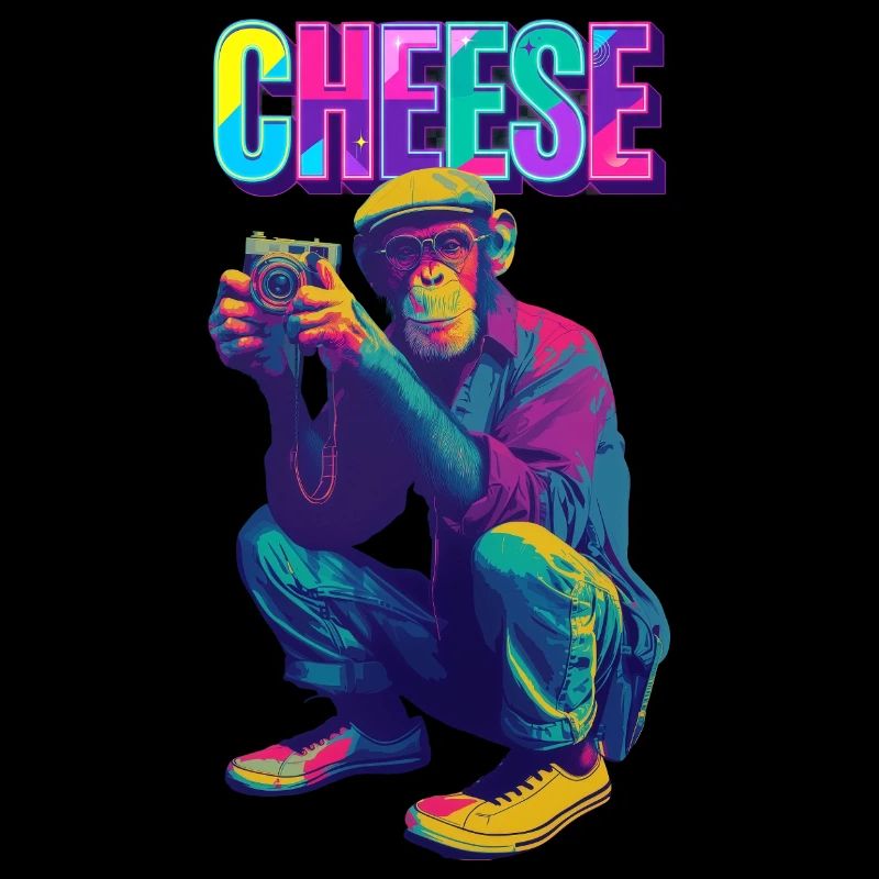 Cheese! Affe mit Kamera im Neon Pop-Art Stil